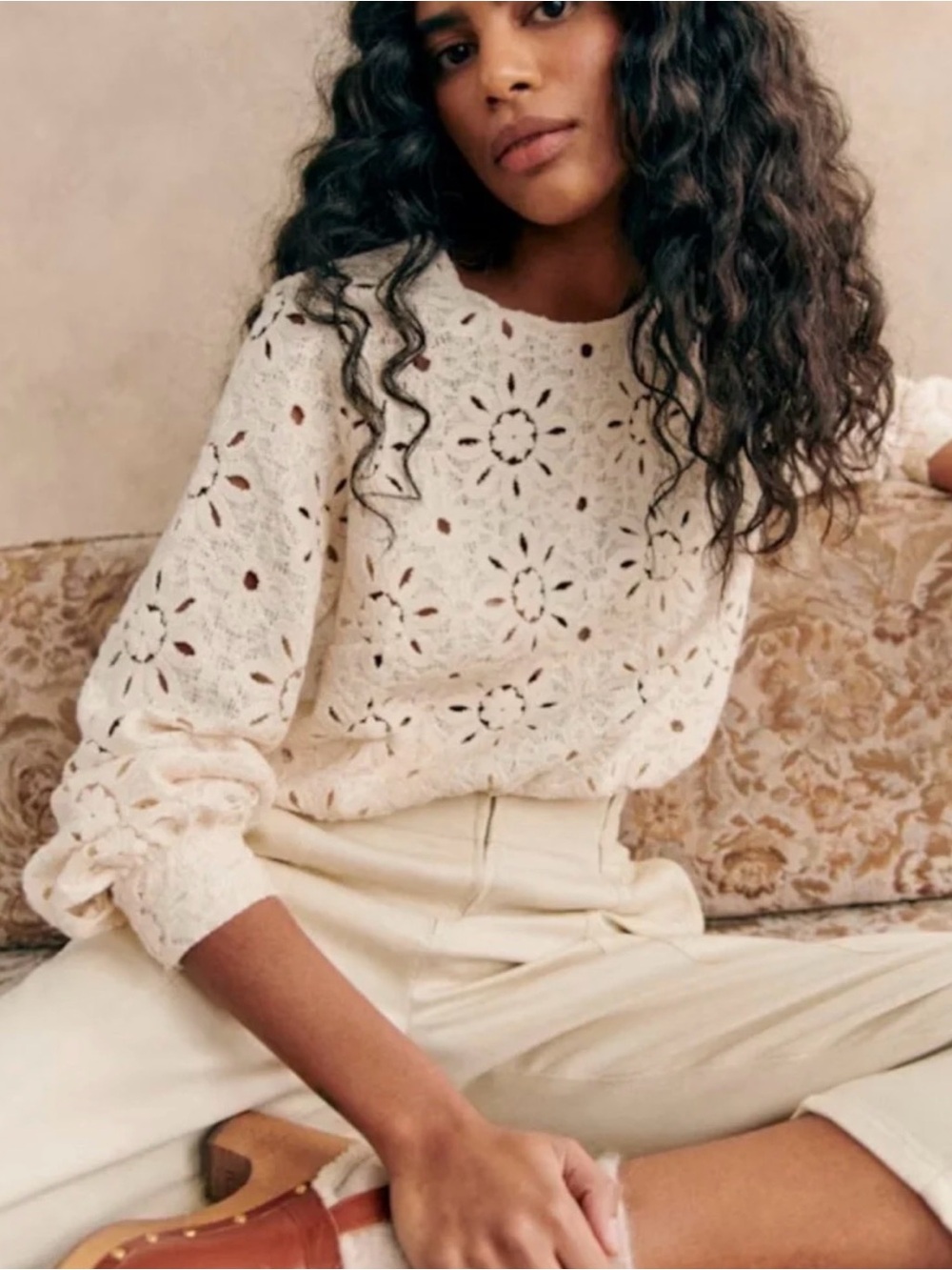 Sezane Jesse Lace Blouse in Ecru Cotton Blend Sz FR 42 US 10